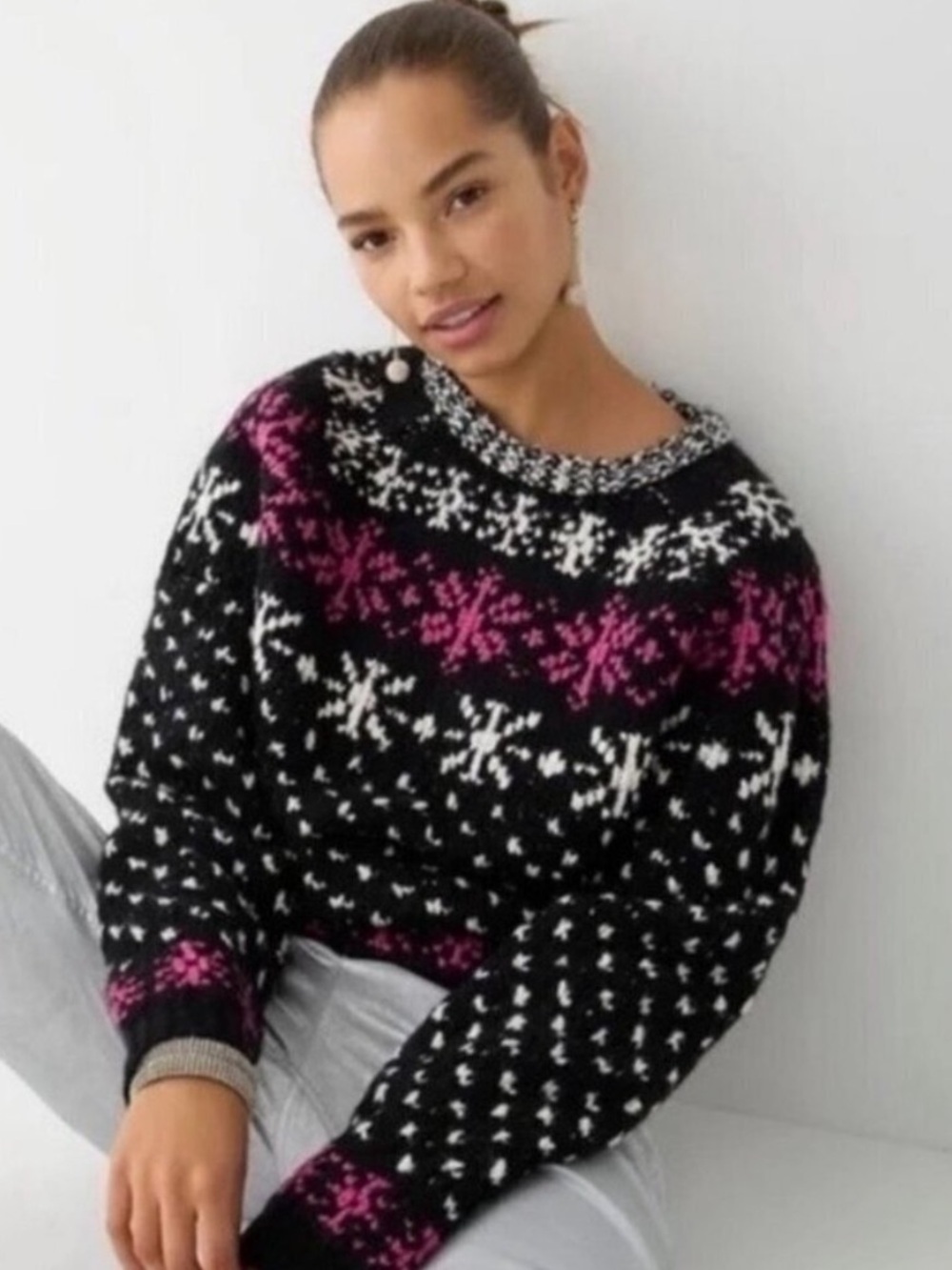 J.Crew Womens Fair Isle Knit Sweater L Black/White/Pink chunky boxy